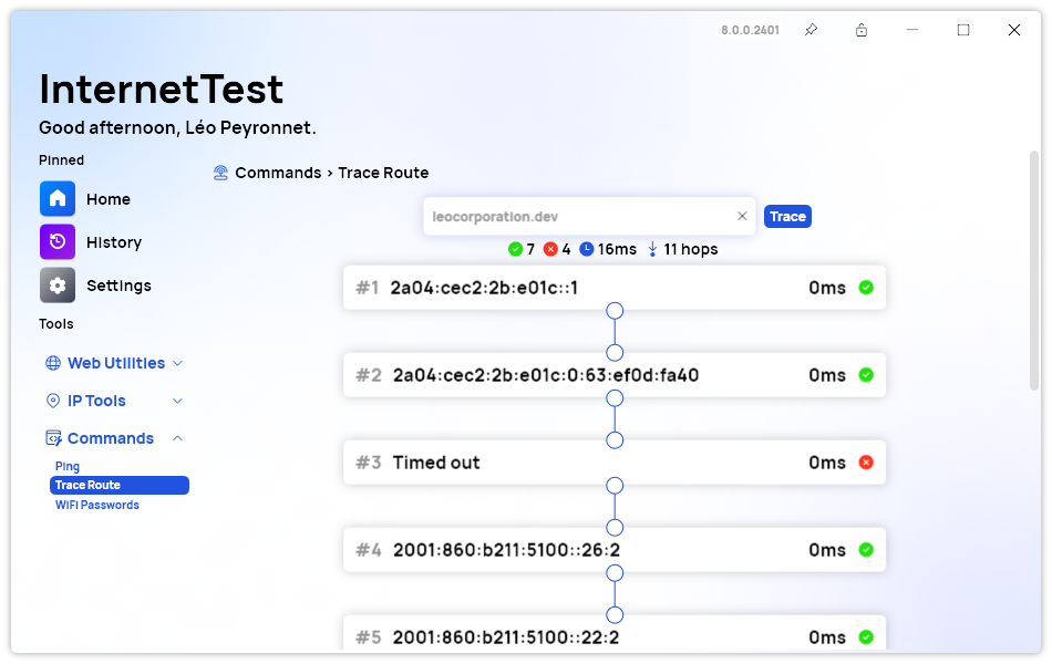 A screenshot of the 'Trace Route' page of InternetTest Pro