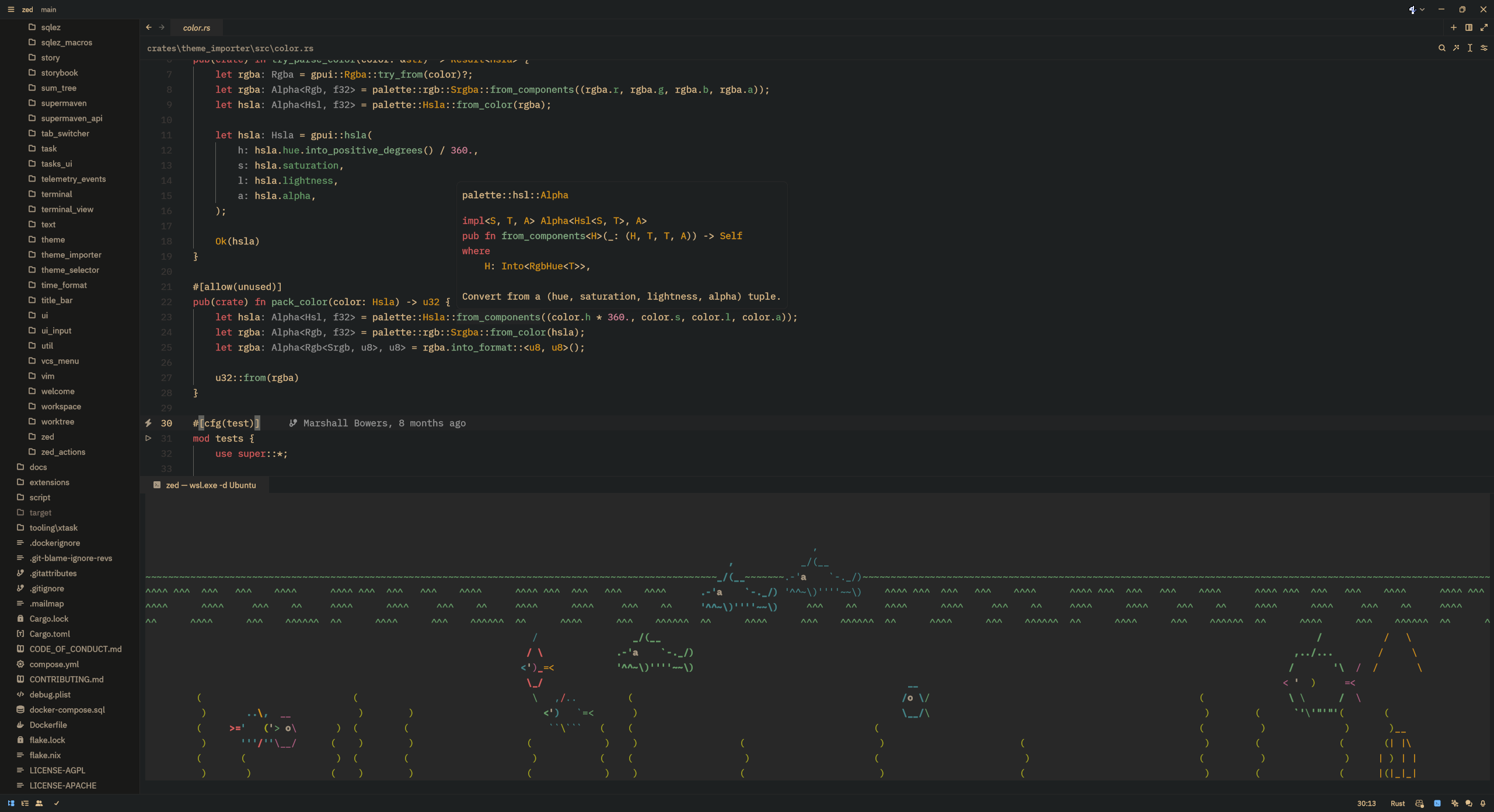 The Gruvbox ish Hard theme displaying a source code rust file in the zed repository, with asciiquarium under WSL playing in the terminal on the bottom pane.