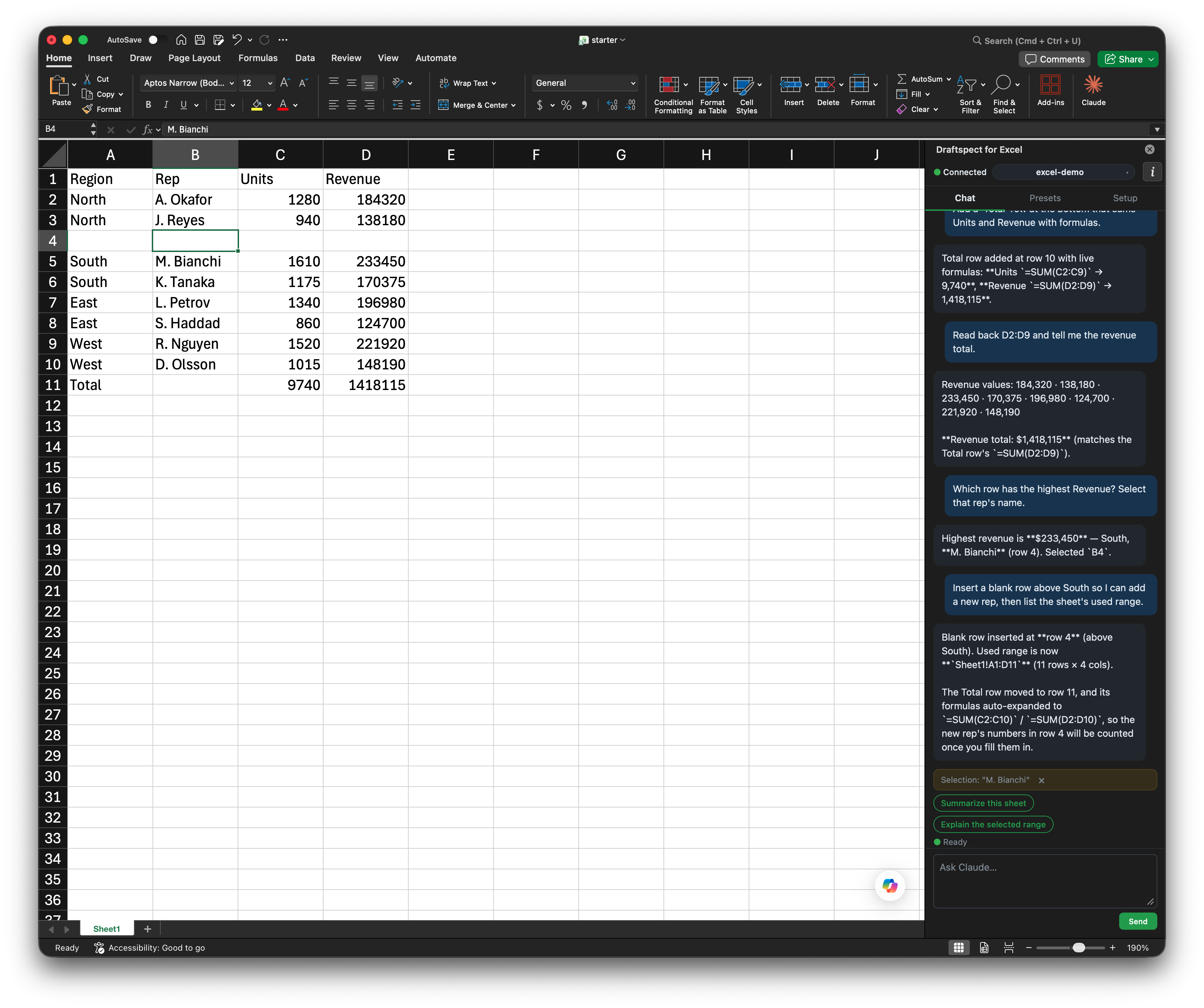 Draftspect for Excel — a sales sheet with a formula-driven total row