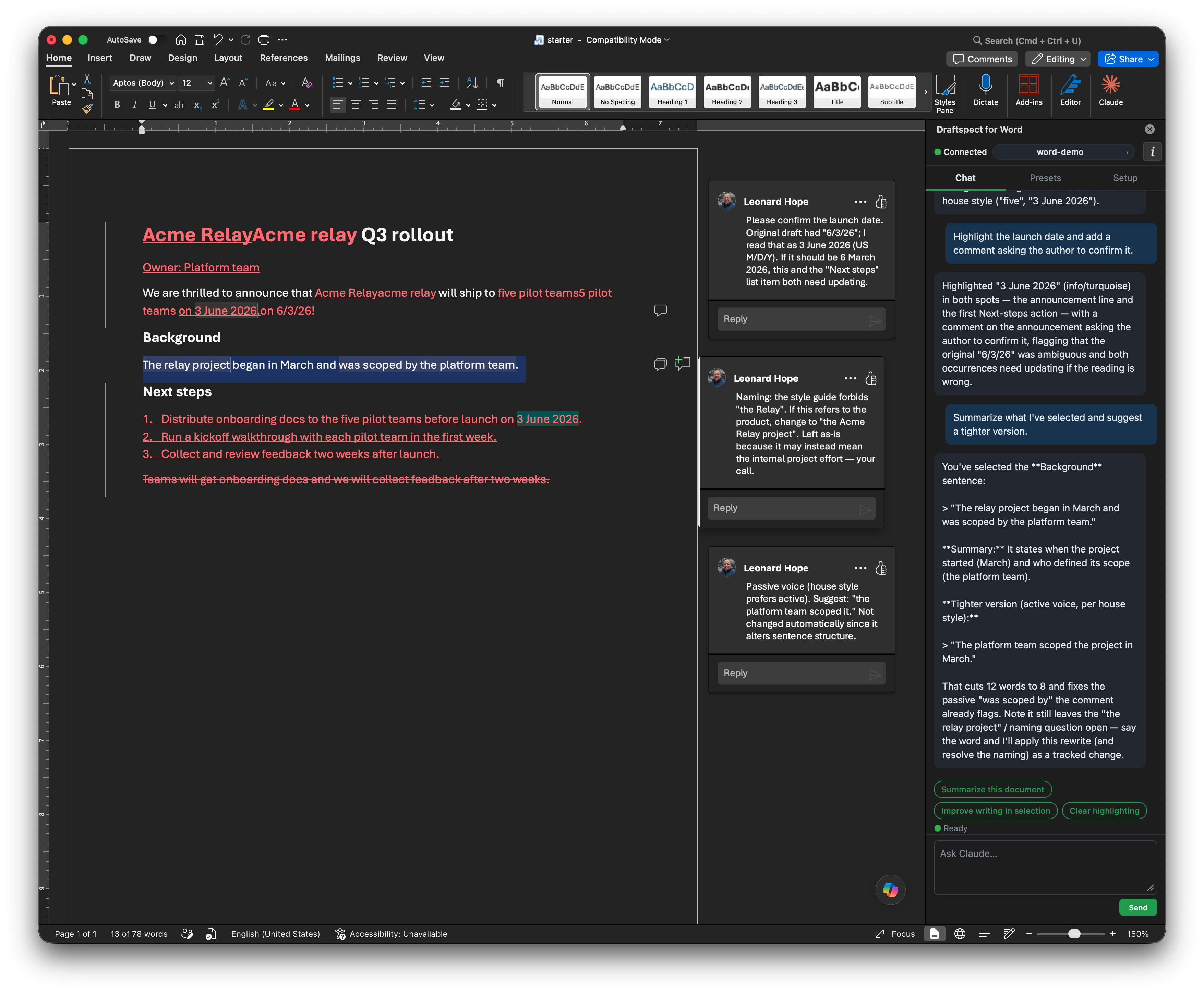 Draftspect for Word — tracked changes and comments in a document