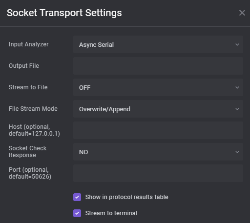 Screenshot of SaleaeSocketTransportHLA Analyzer Settings