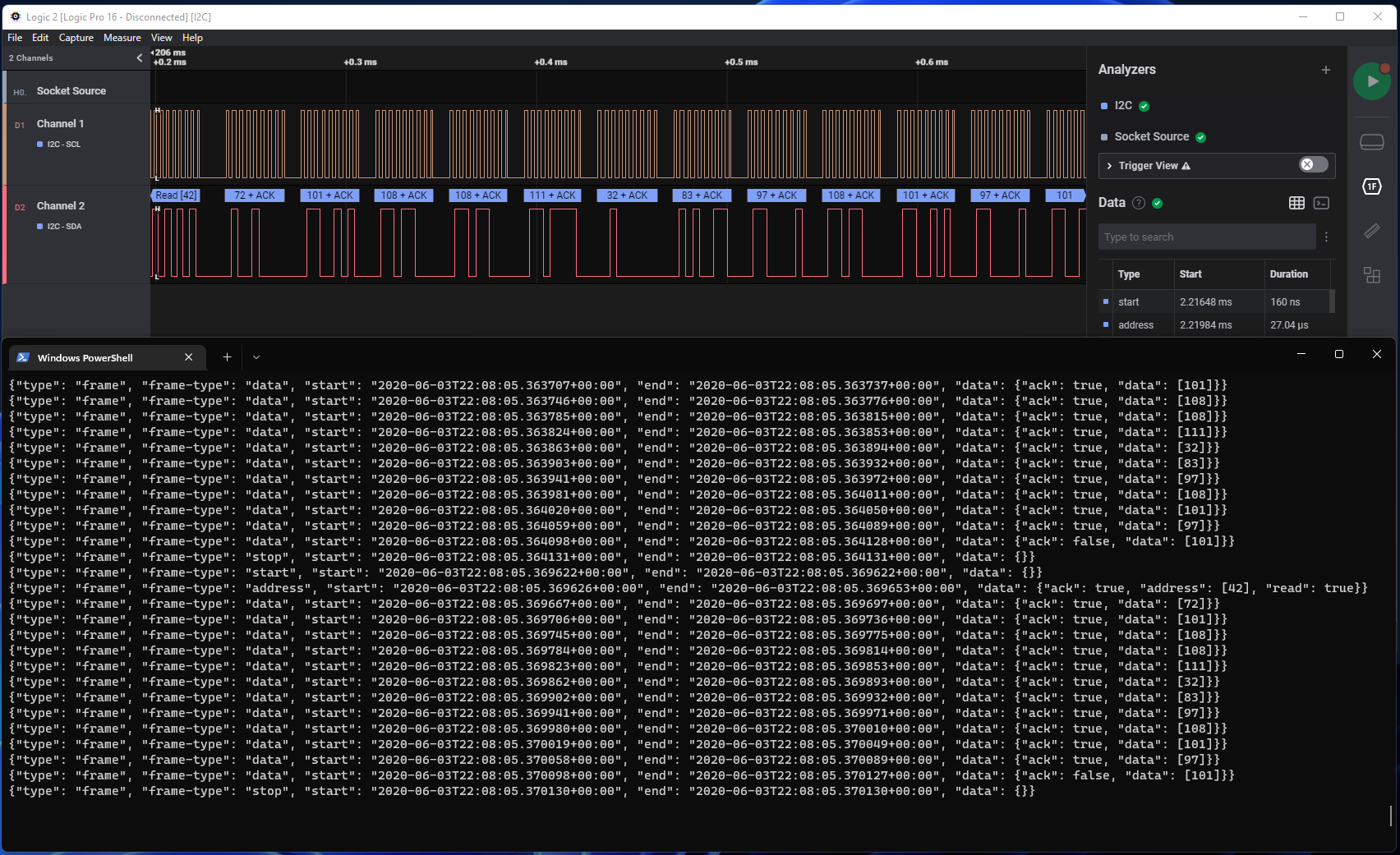 Screenshot of Saleae Logic 2 w/ SaleaeSocketTransportHLA and serialsink.py running in a terminal window