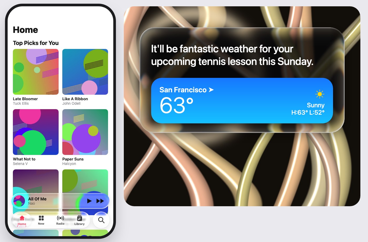 Music app tab bar with sliding glass droplet and mini player; dark Siri-style glass panel