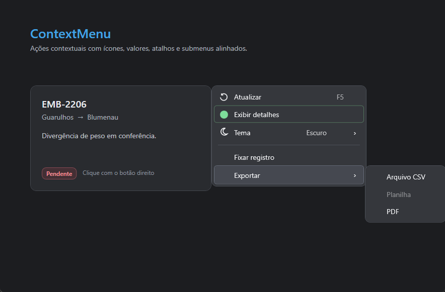 ContextMenu aberto com submenu de exportação