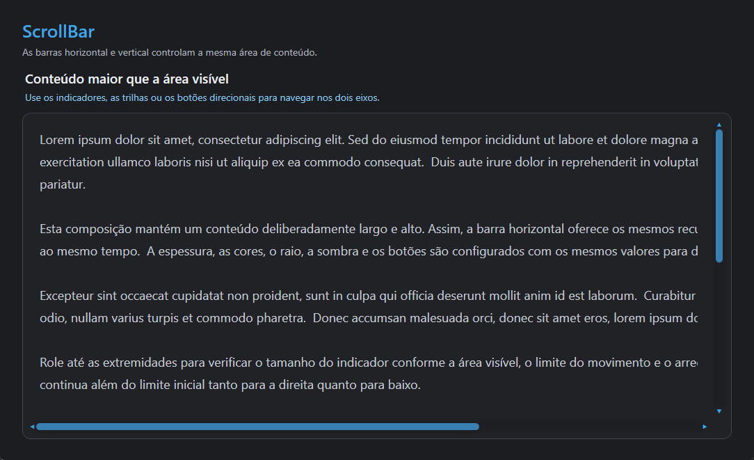 ScrollBar horizontal e vertical controlando uma área de conteúdo nos dois eixos