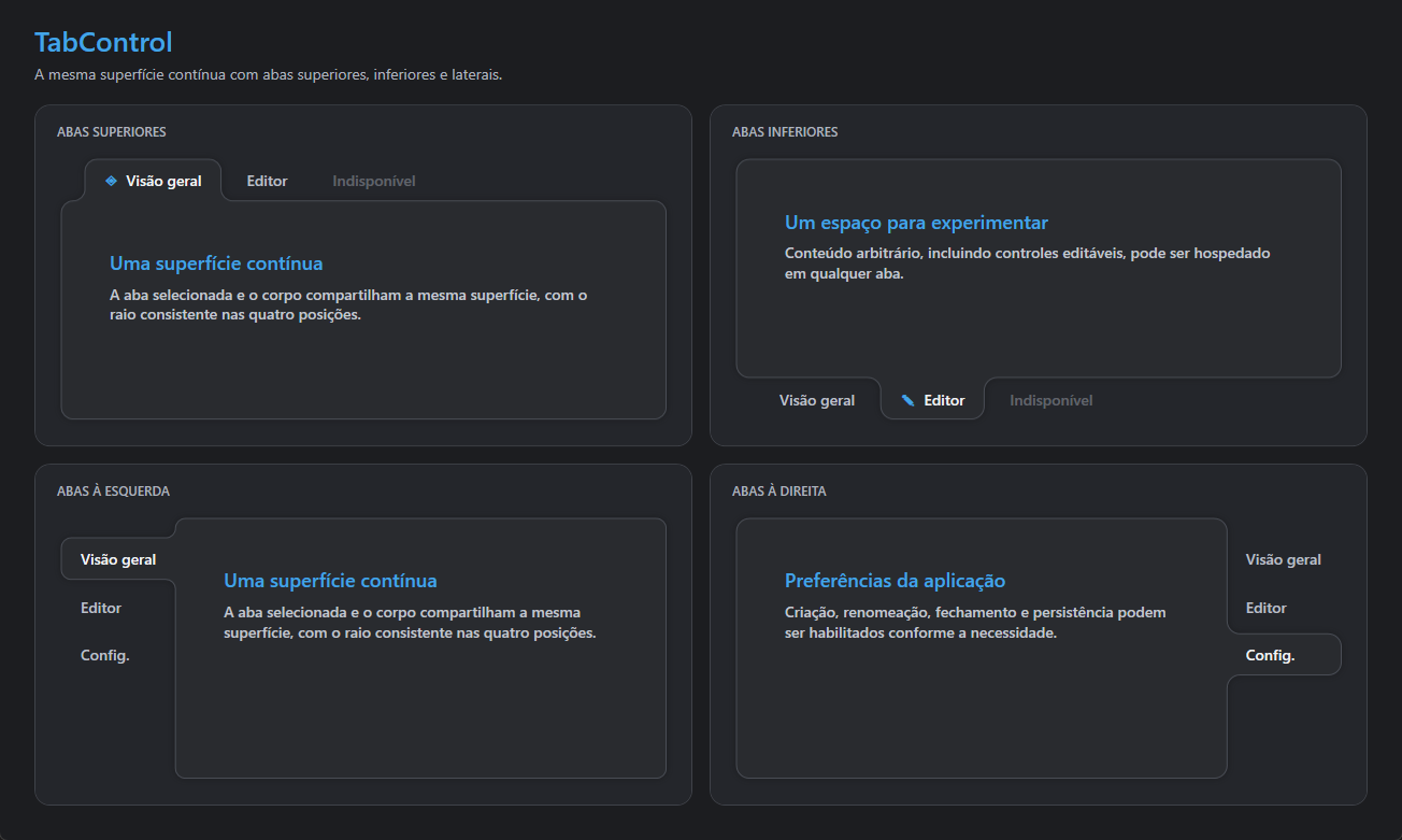 TabControl com abas superiores, inferiores e laterais