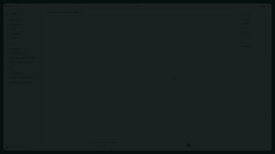 A coding agent uses OpenBaud to identify a real ESP32, capture and validate its protocol, create a reusable command, and replay it without hardware