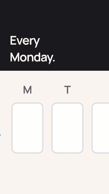 Quire Streaks: a blue thread stitches each day of a reading week into the Streaks screen; on Sunday at 11:41 pm one tap on Log pulls it tight and the week gathers into a quire, the Quire mark