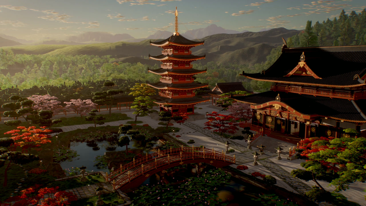 Aerial view over the whole temple precinct, the pagoda and hall in front of wooded hills