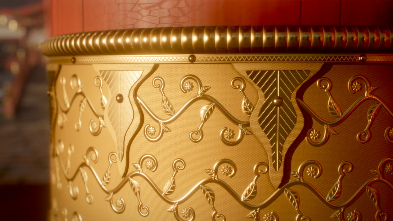 Chased gilt sleeve with vine ornament on a vermilion gate pillar