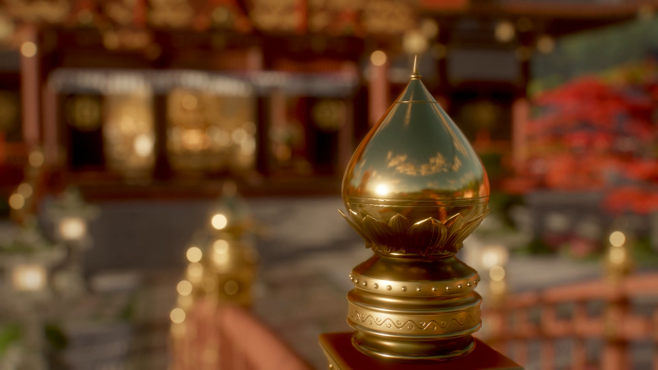 Gilt-bronze onion-shaped finial on a vermilion bridge post