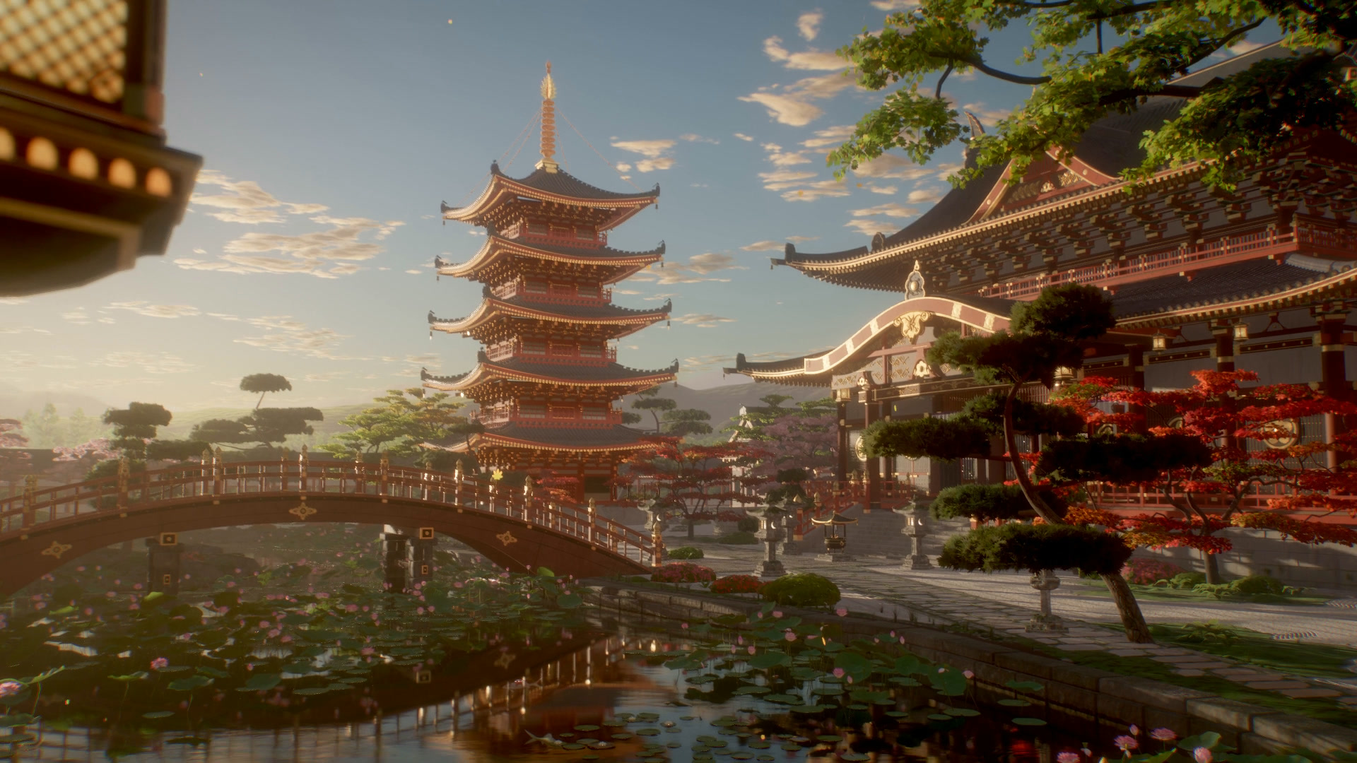 The five-storey pagoda, the arched bridge and the main hall across the lotus pond at golden hour