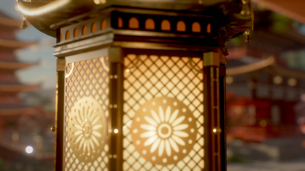 Glowing openwork lantern with a chrysanthemum pattern, the pagoda out of focus behind it