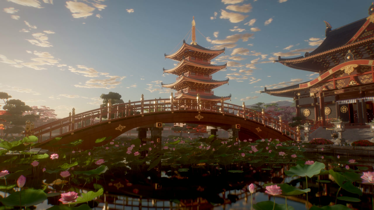 The bridge, pagoda and hall reflected in the lotus pond