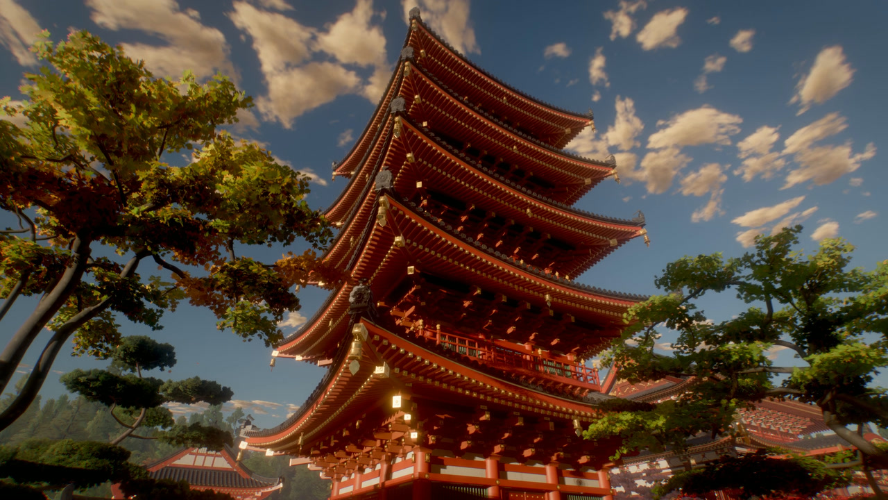 Five-storey pagoda seen from below between a maple and a pine
