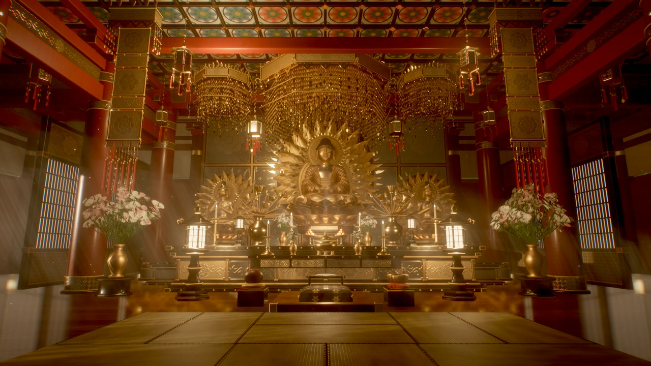 The inner sanctum with the altar, gilt canopies and coffered ceiling