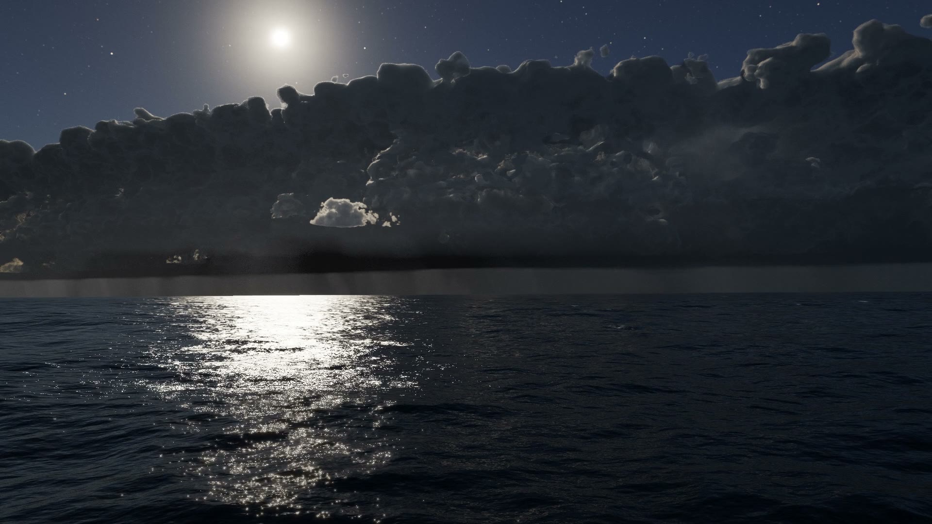 Moonlit night, the storm flickering on the horizon