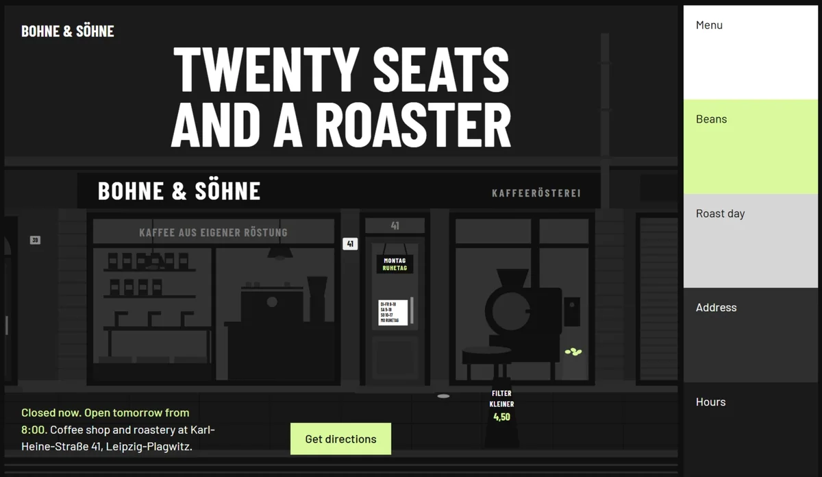 Coffee shop page with a drawn storefront as its hero