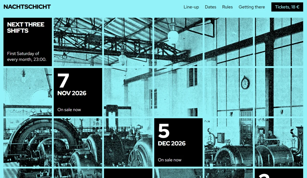 Techno night page with its dates set into an archive photograph