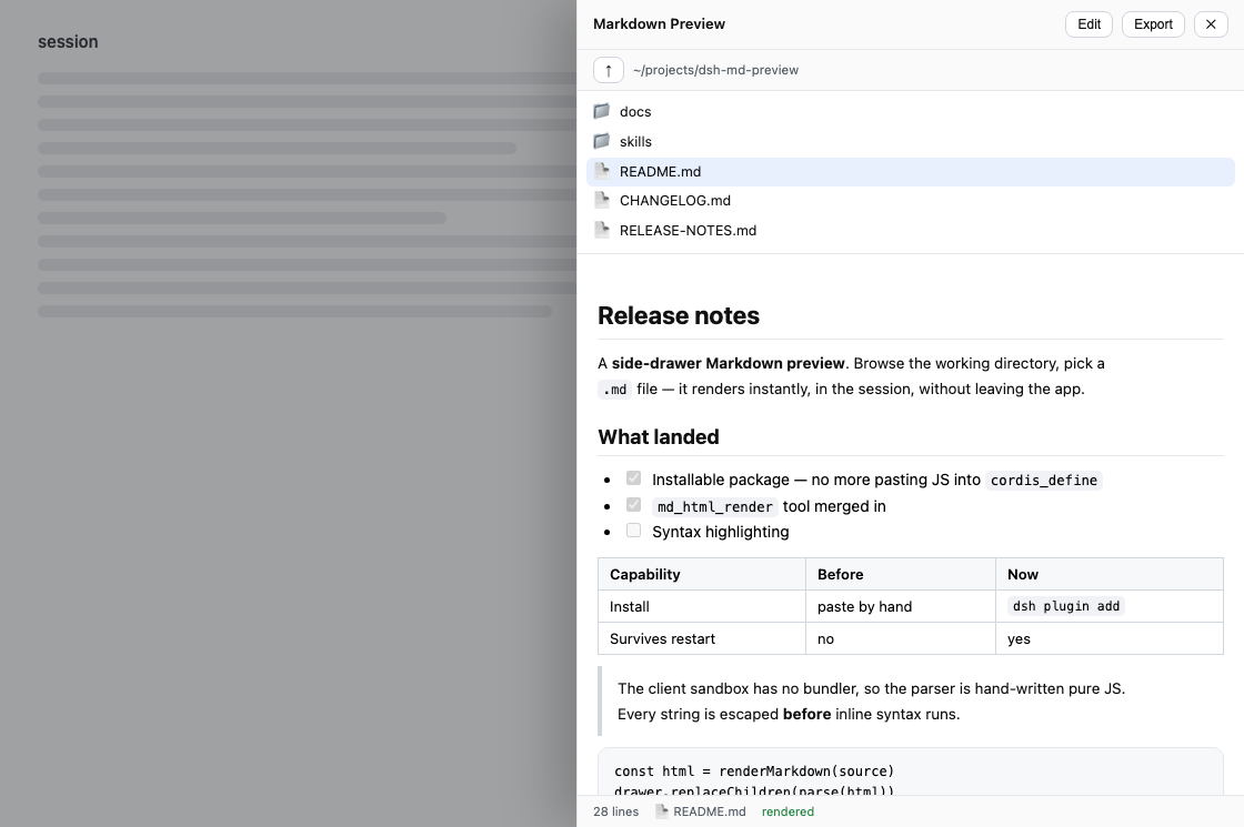 The MD drawer open over a session, rendering a README in place