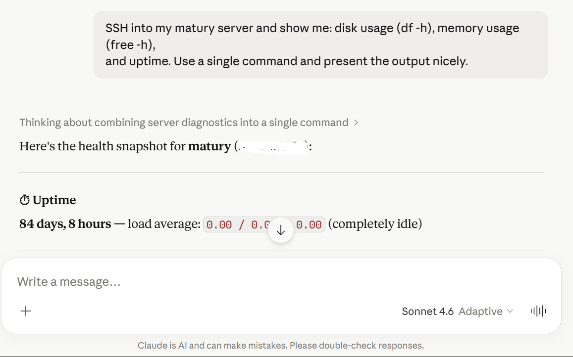 Claude composes a server health snapshot with disk, memory and uptime