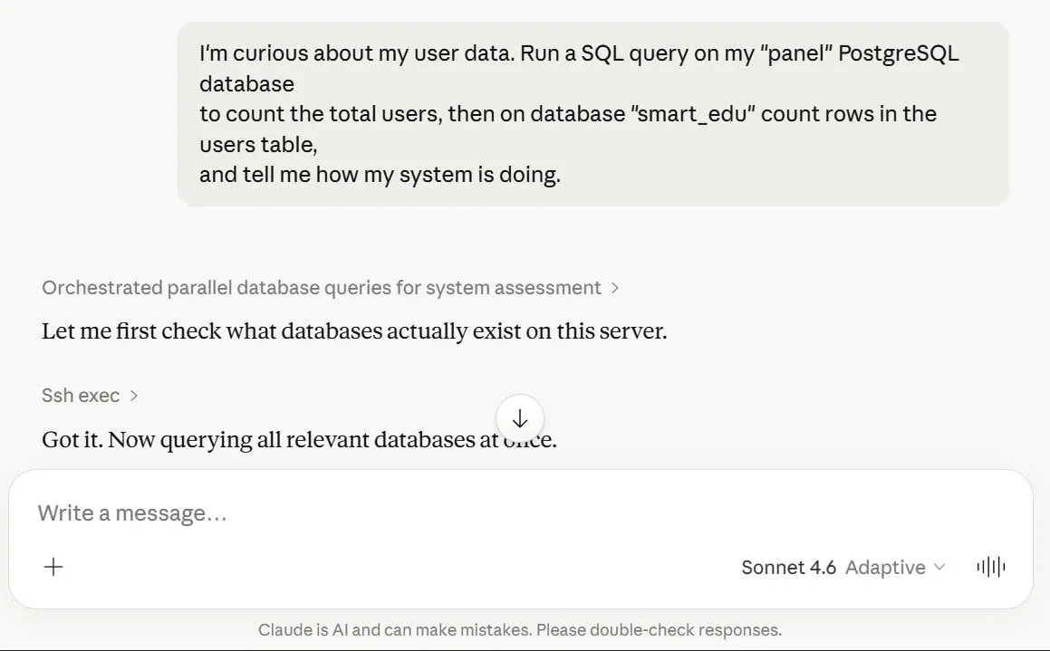 Claude orchestrates ssh_exec and postgres_query in parallel