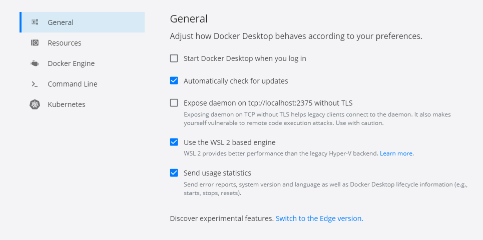 Docker Desktop General settings