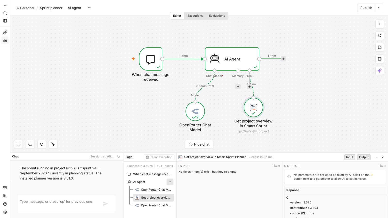 n8n canvas: a chat trigger, an AI Agent with an OpenRouter chat model and the Smart Sprint Planner node attached as a tool; the chat shows the answer about Sprint 24 and planner version 3.51.0, the log shows the tool call and its output.