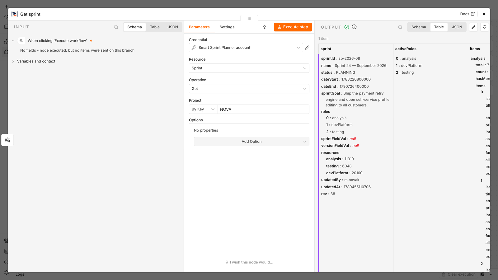 n8n node panel: credential Smart Sprint Planner account, resource Sprint, operation Get, project NOVA; the output shows Sprint 24 in PLANNING status with three roles, resources per role and issues by role.