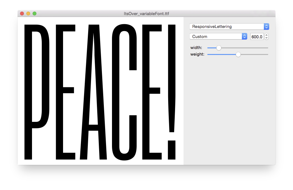 Variable font generated from a responsive lettering project exported to designspace