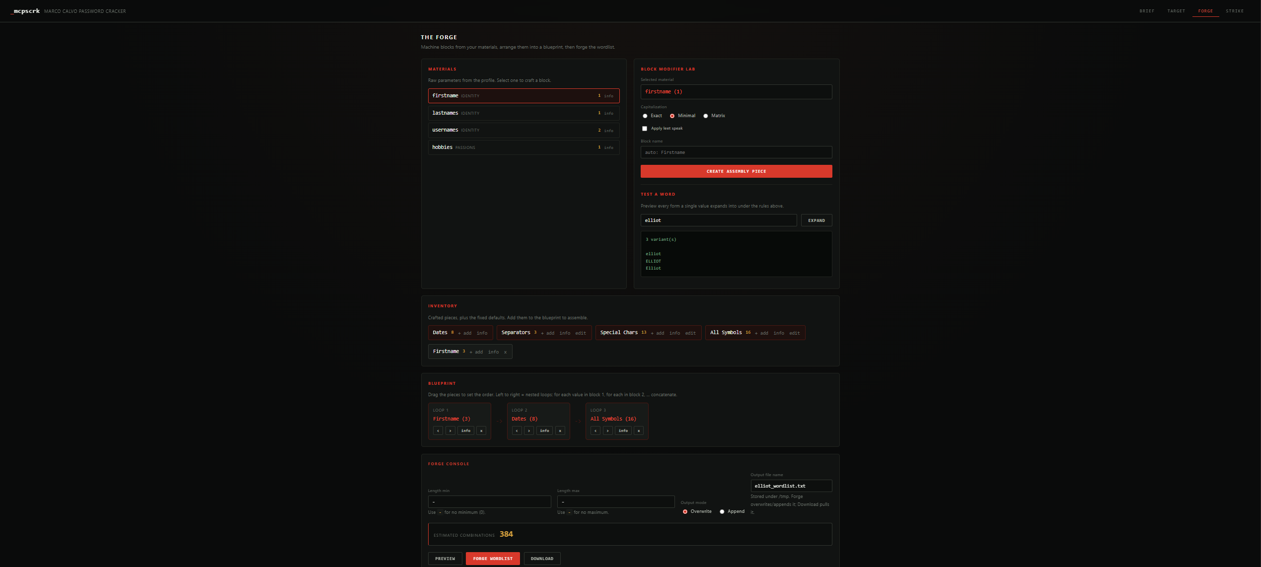 Forge tab — inventory, blueprint, and generation