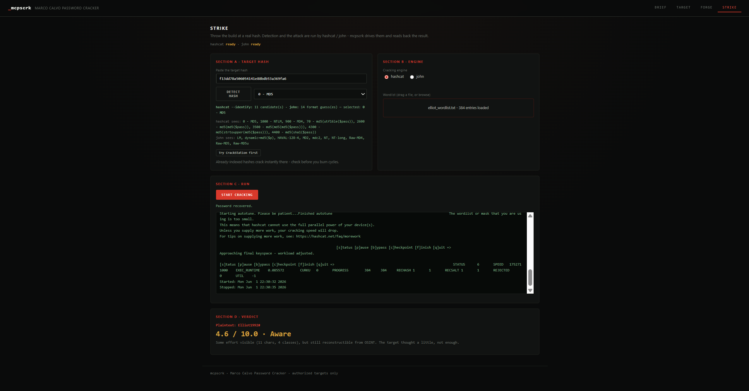 Strike tab — hash lab, progress, and cracked plaintext
