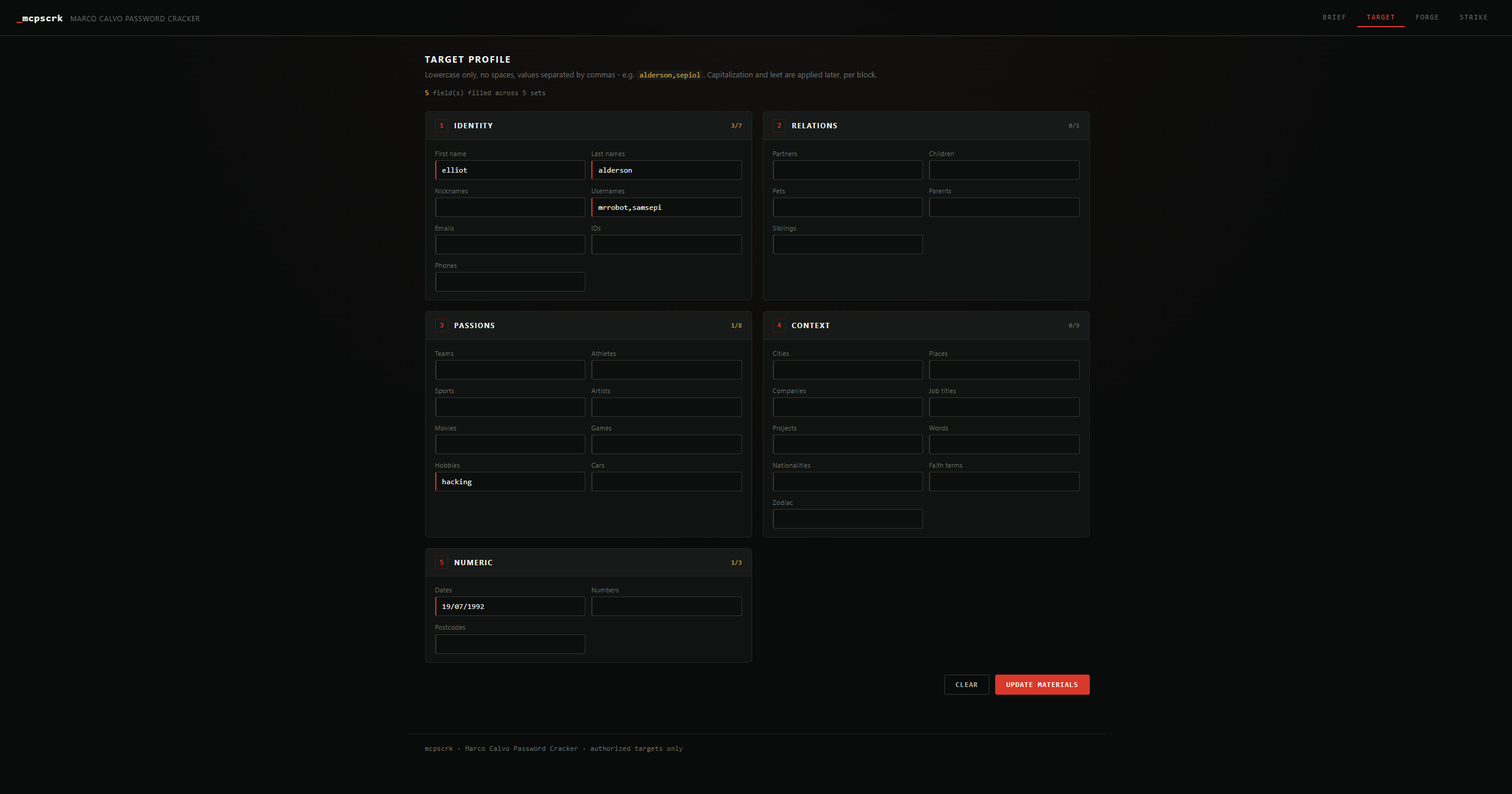 Target tab — profile fields and crafted materials
