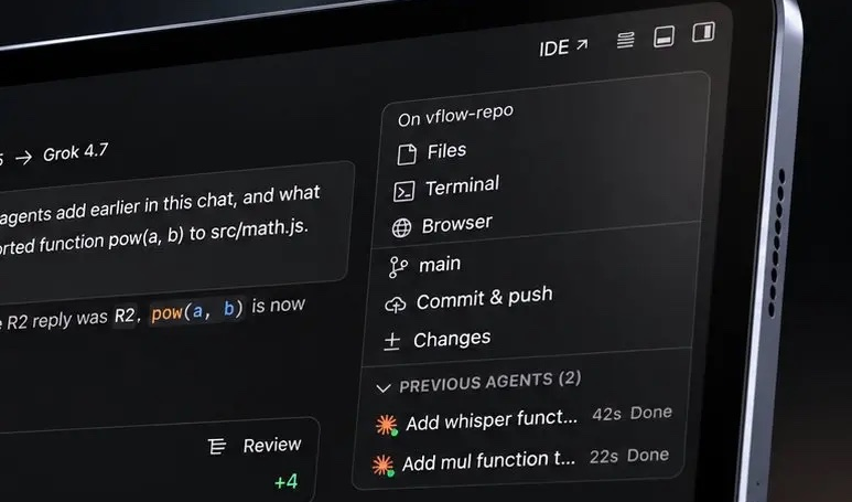 Volt on a tablet: an agent chat beside a toolbar with Files, Terminal, Browser, the branch, Commit and push, Changes and previous agents