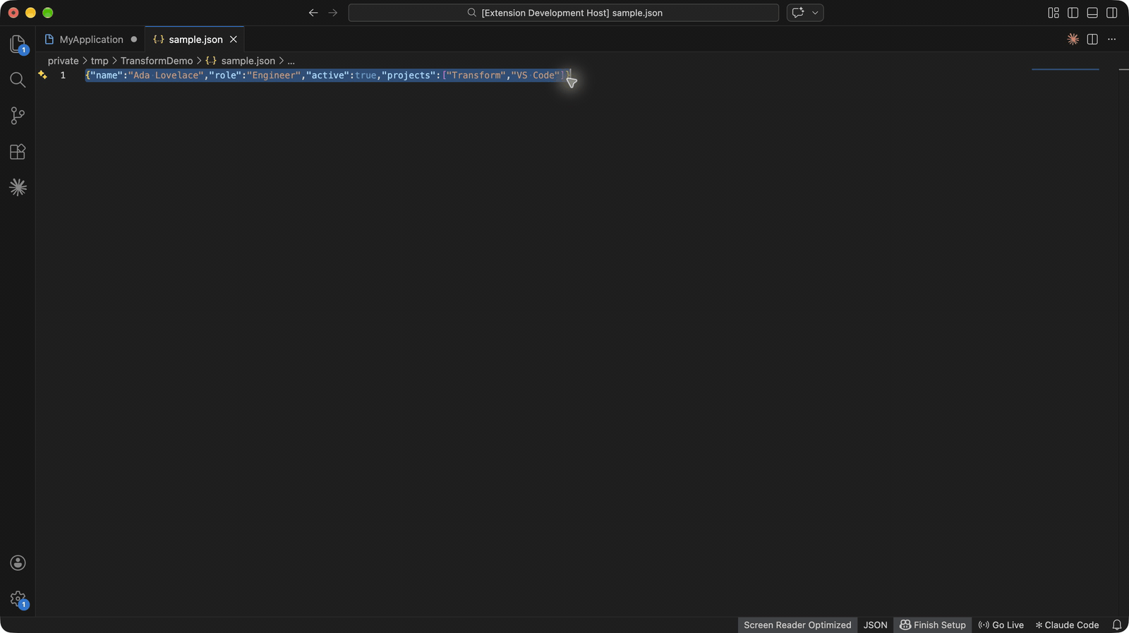 Convert JSON to a Zod schema in VS Code with Transform and open the generated TypeScript in a new editor