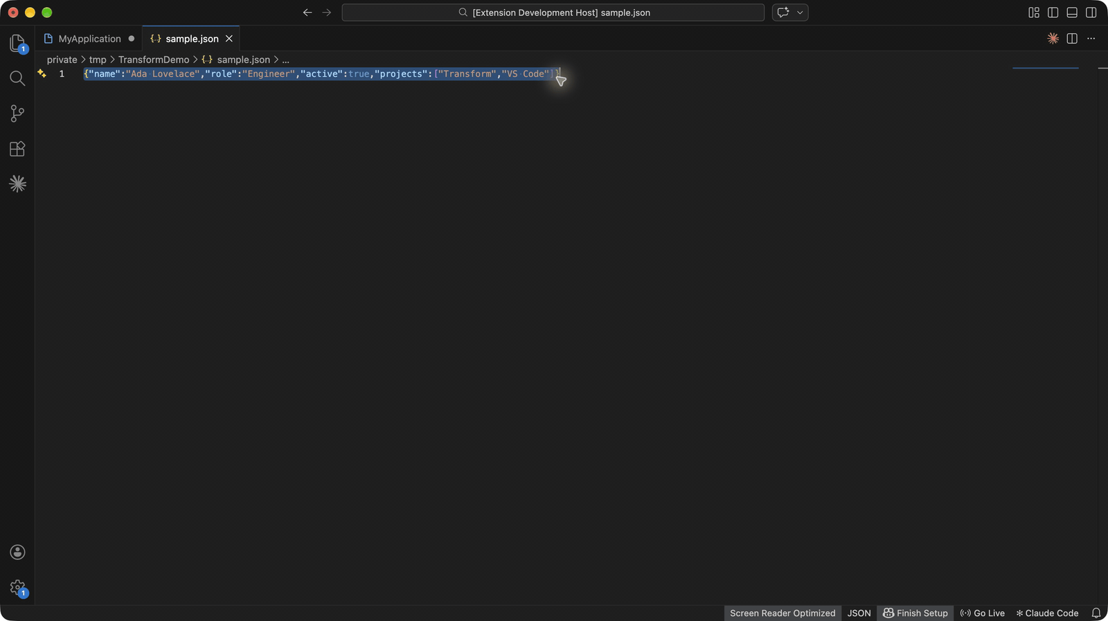 Format JSON in VS Code: select minified JSON, press the Transform shortcut, and choose Format JSON