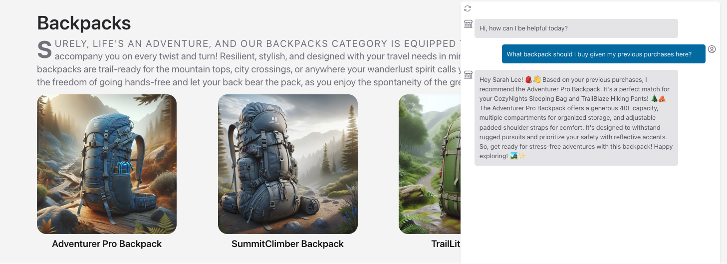 Image shows a retailer website with backpacks - and a chat session with a customer