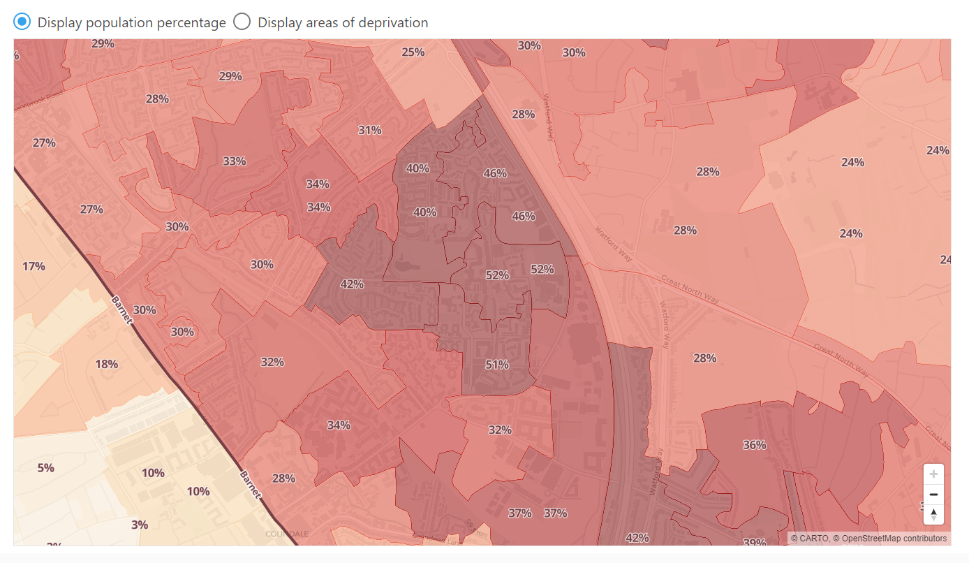 Screenshot of the mapping tool showing an area of Barnet library authority with membership shaded relative to population