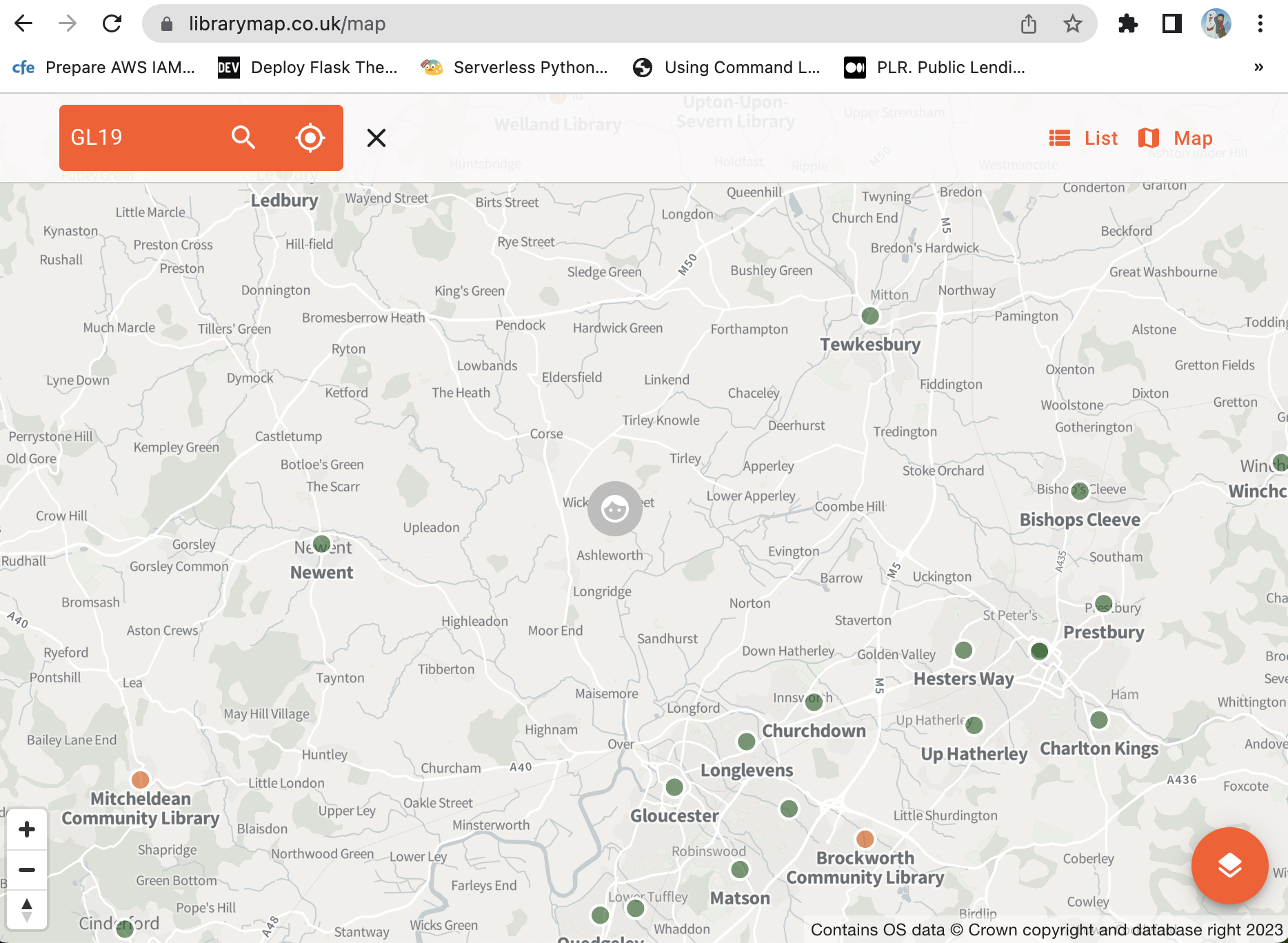 A screenshot of the map page on LibraryMap showing a rural location in Gloucestershire, and surrounding libraries