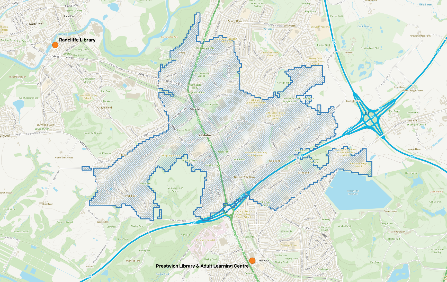 A map displaying Whitefield near Bury where there is no library.