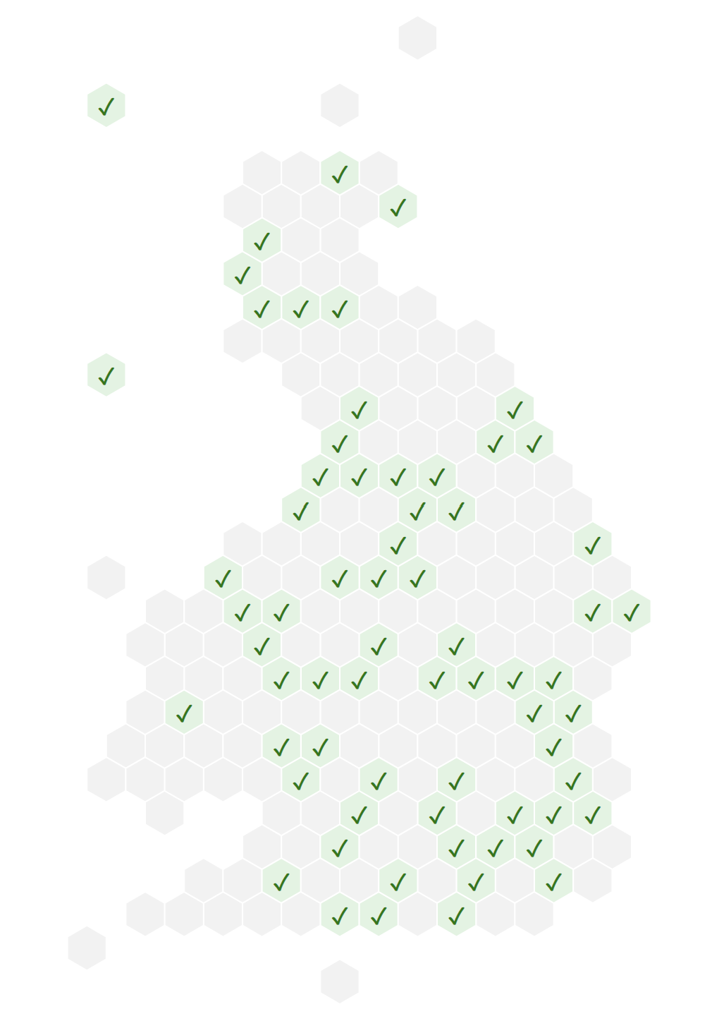 A hexagon map of all public library services in the UK who have signed the Green Manifesto showing about a quarter or so