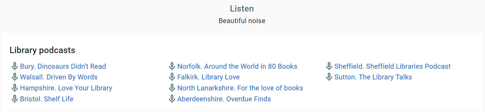 A screenshot of the Listen page on the libraries at home site showing an example list of podcasts