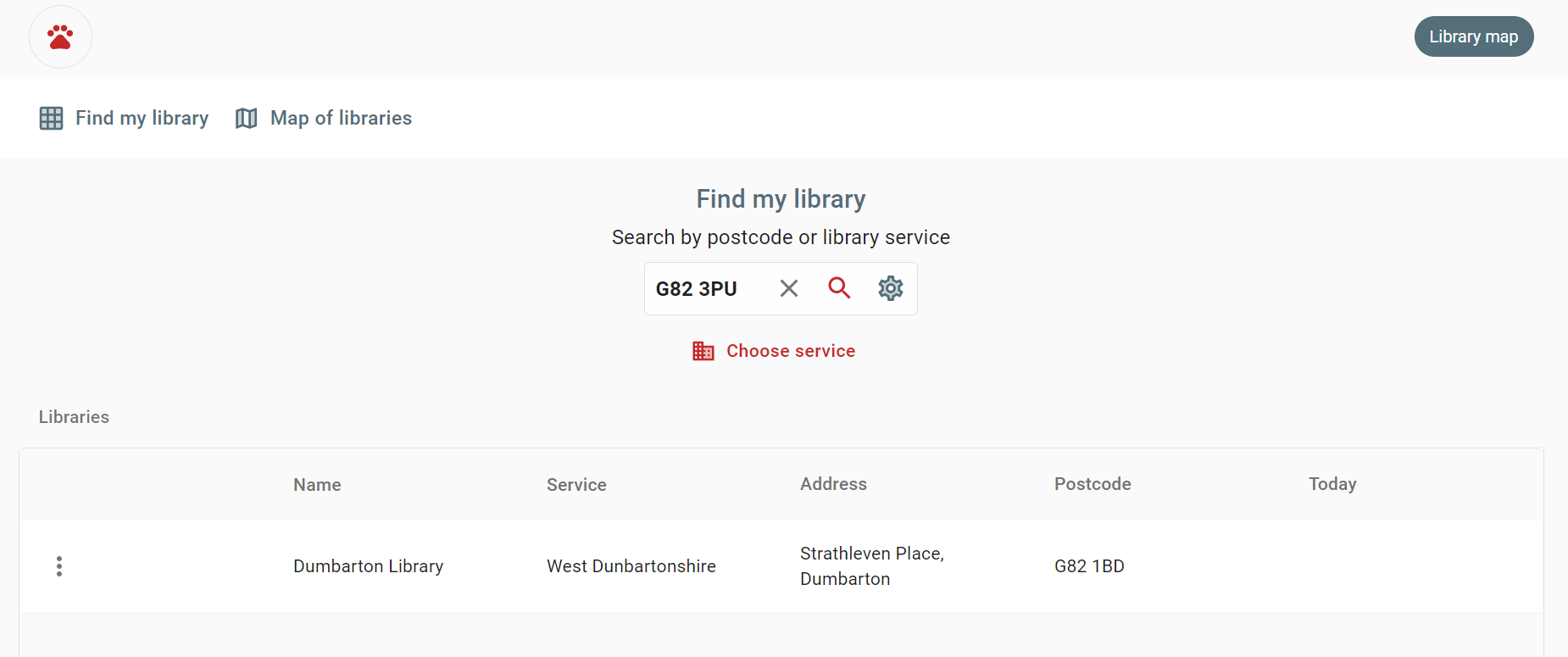A screenshot of the Find a library page on the library map site showing an example of searching for a postcode in 