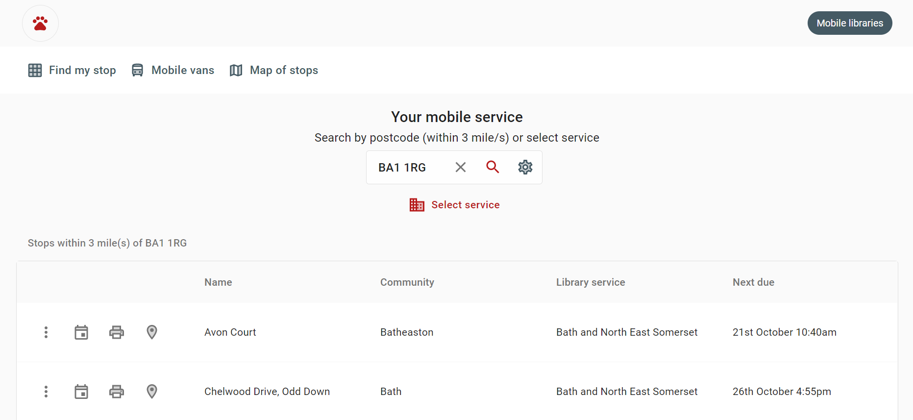 A screenshot of the Stops page on the mobile libraries site showing an example of searching for a postcode in Bath