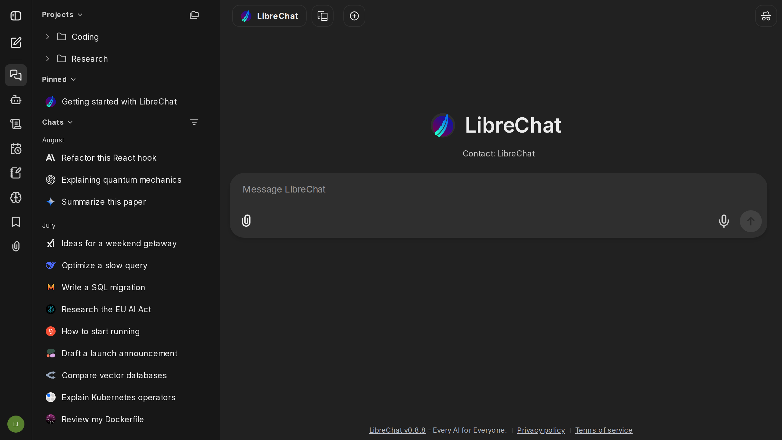 LibreChat chat interface with model picker and conversation history