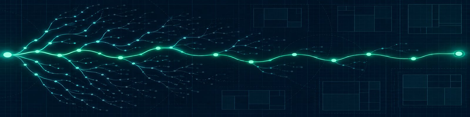 Dark navy banner: a glowing emerald lineage tree branches from a single node on the left, most candidate branches fading out, one bright path continuing to the right past faint bin-packing layouts