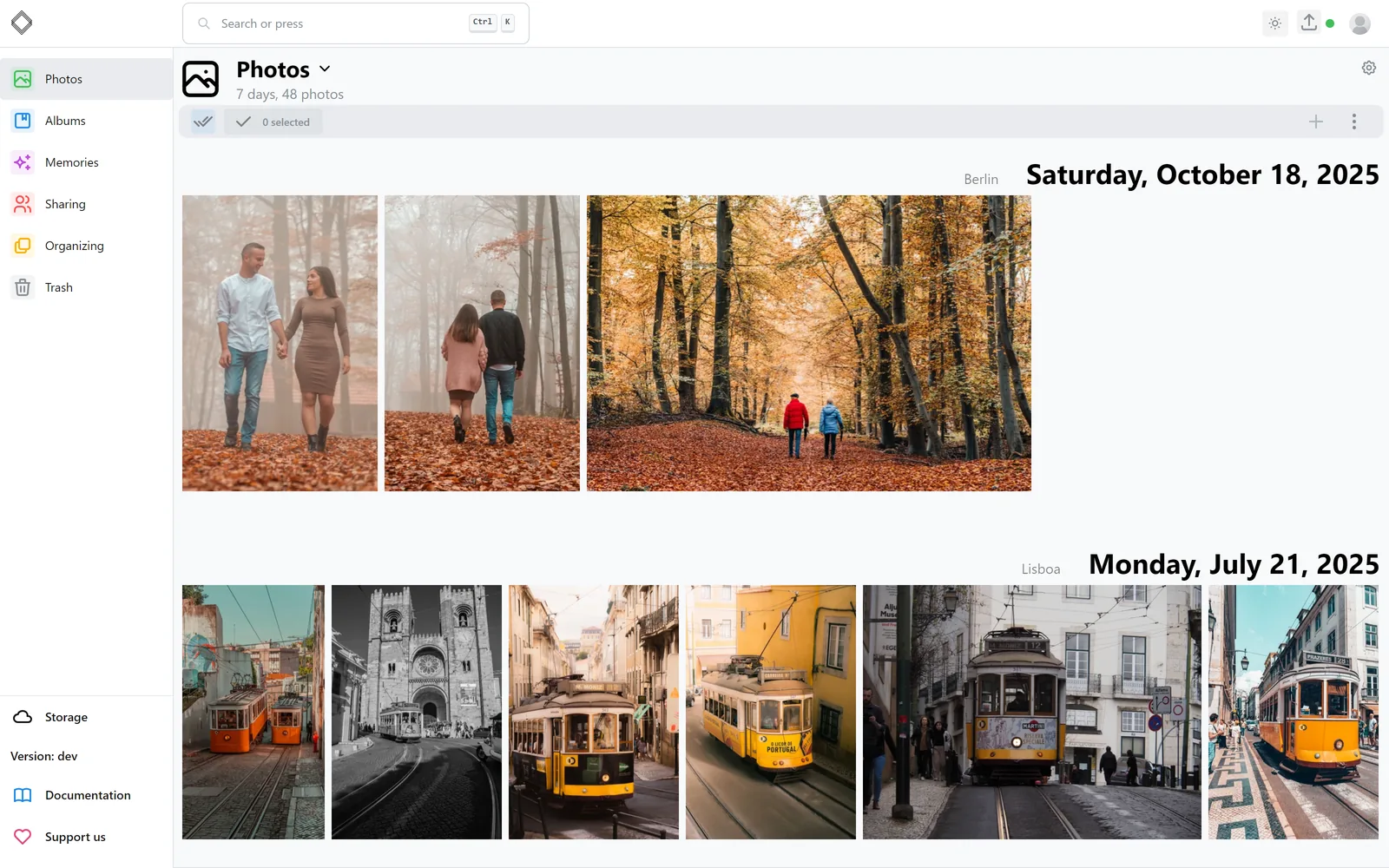 The LibrePhotos timeline, with photos grouped by day and place