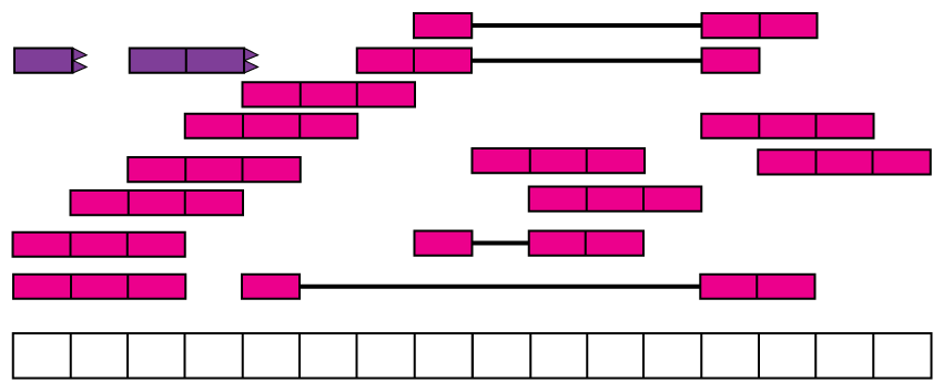 Aligned RNA-seq reads. Spice-aware RNA-seq aligners such as Rail-RNA are able to find the coordinates to which the reads map, even if they span exon-exon junctions (connected boxes). Rail-RNA soft clips some reads (purple boxes with rough edges) such that a portion of these reads align to the reference genome.