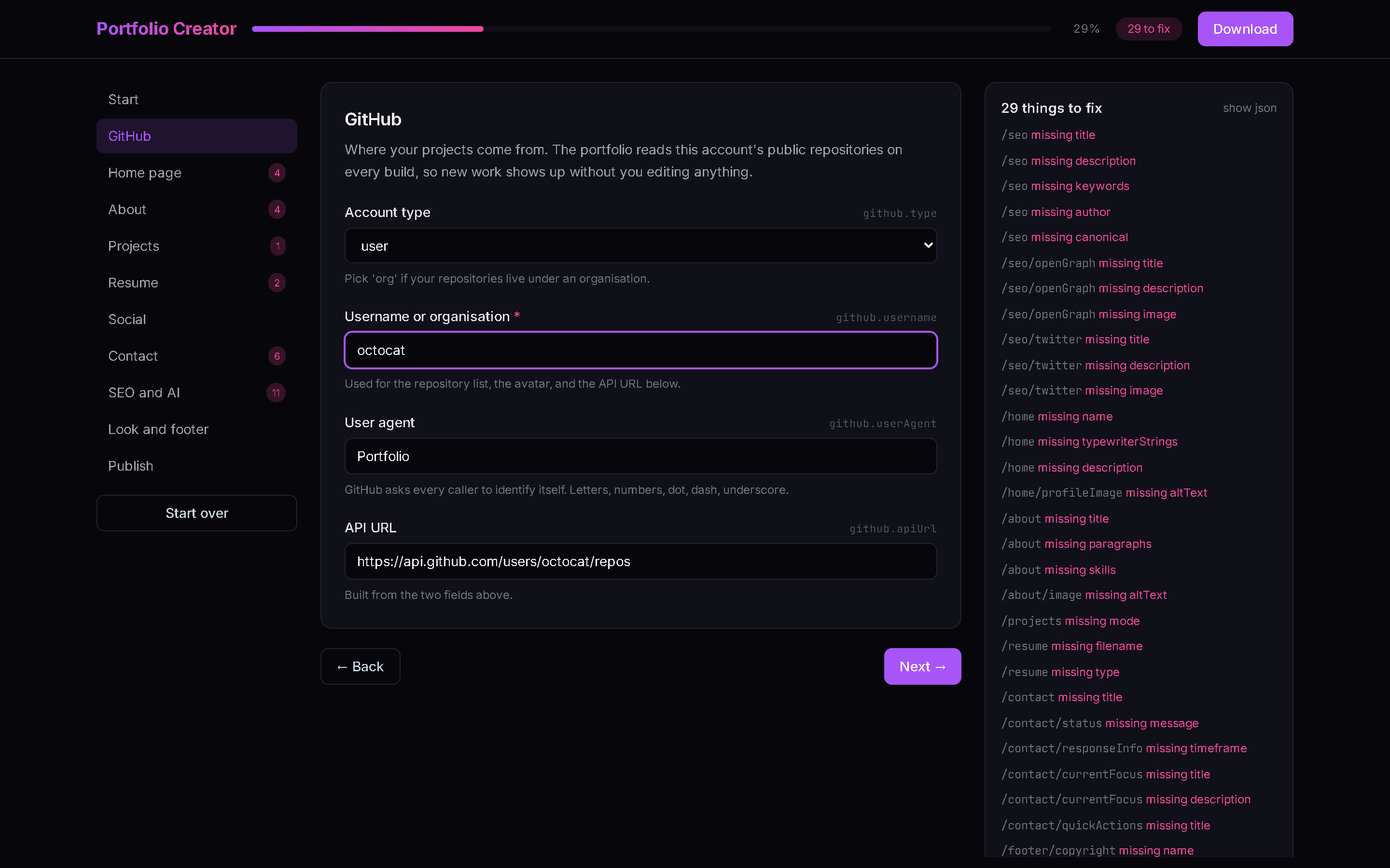 The GitHub section