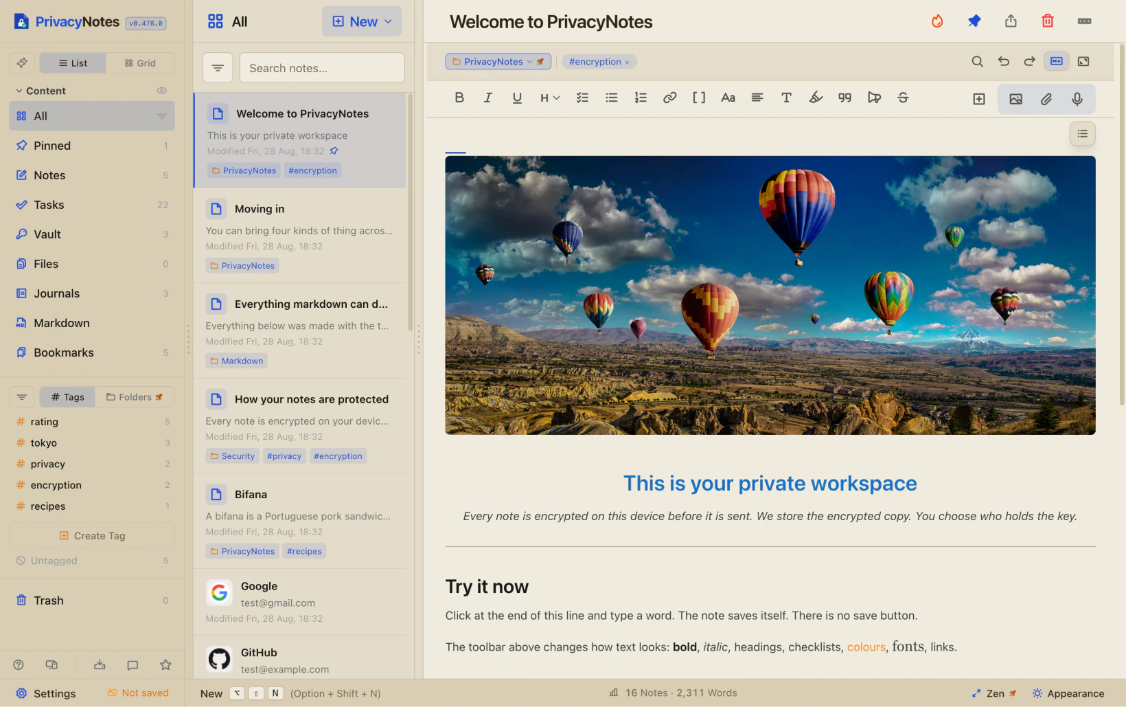The PrivacyNotes editor